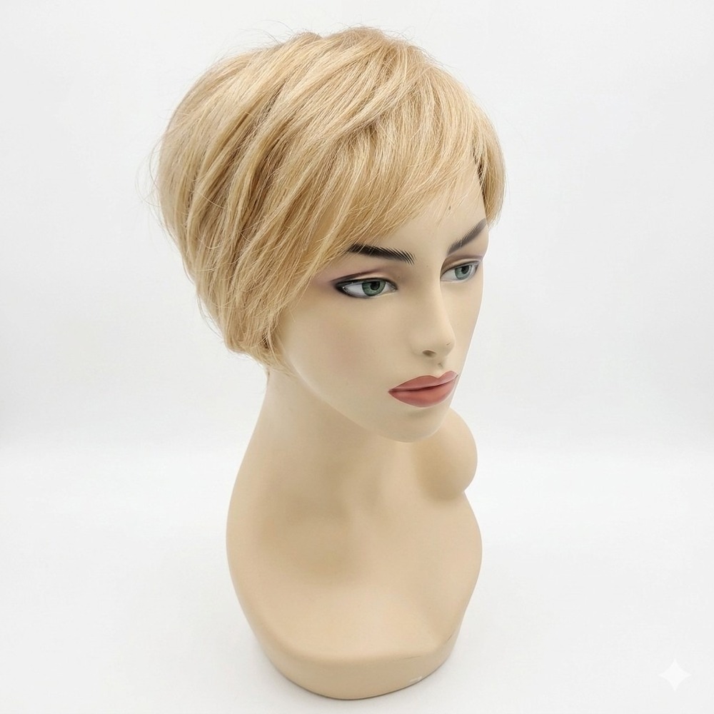 Human‎ Hair Wig Blonde Pixie Cut Capless Mono Top Clip In Breathable Wefted Back